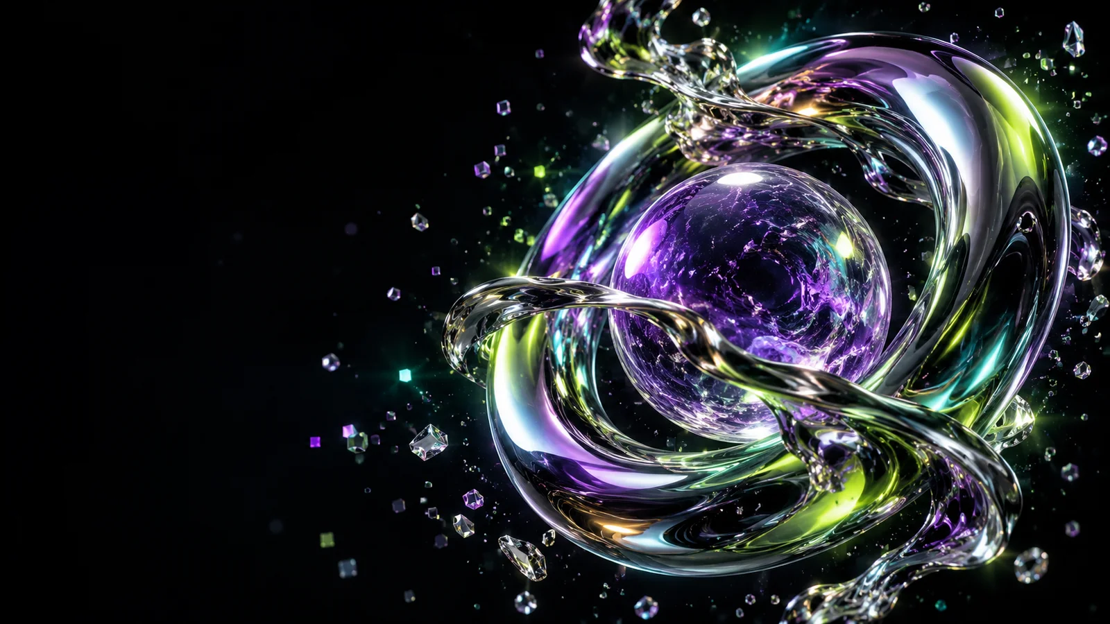 Liquid chrome and violet glass orbiting in a neon digital universe